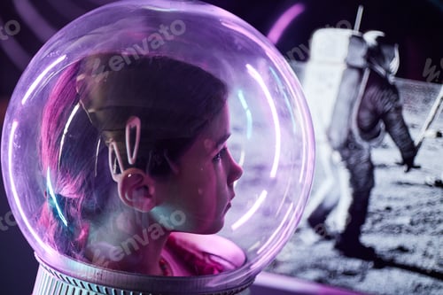 Preview: Caucasian Girl Wearing Space Helmet Observing Astronaut Walking on Moon