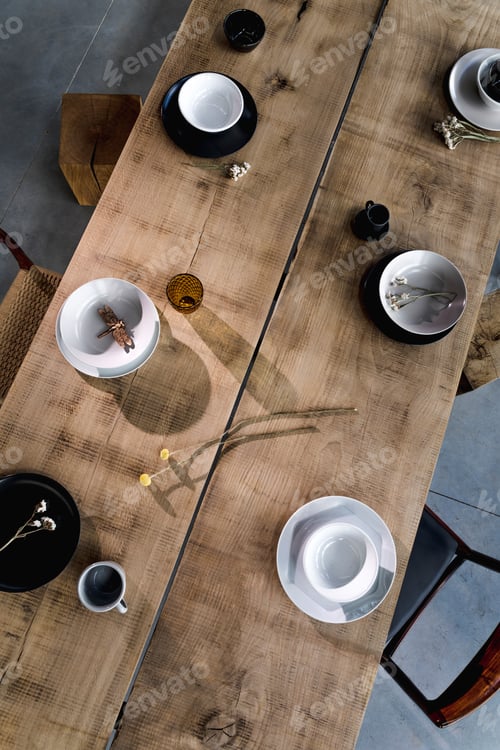 Preview: Elegant composition of classy dining room interior design with rustic table.