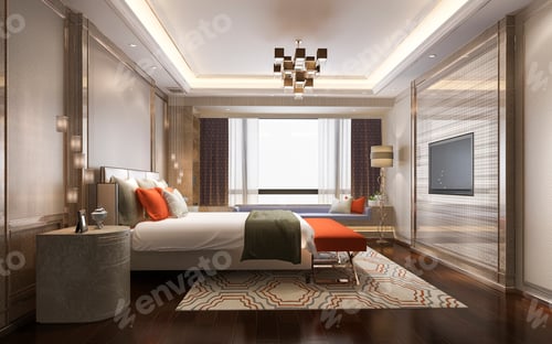 Preview: 3d rendering beautiful classic orange luxury bedroom suite in hotel with tv