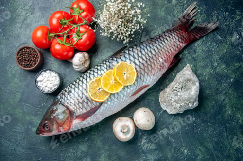 Preview: top view fresh raw fish with tomatoes and lemon on dark blue background shark seafood meal ocean