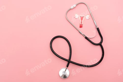 Preview: Stethoscope and uterus cutout on soft pink background symbolizing women's reproductive health