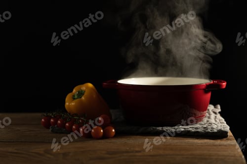Preview: Open cooking pot with hot steam on an old wooden table