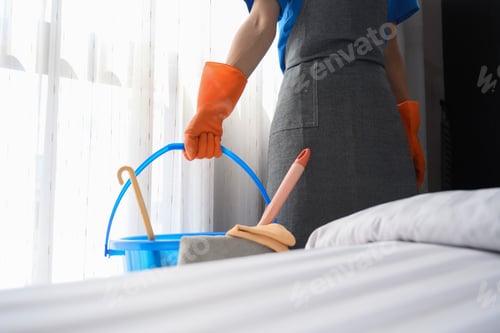 Preview: Cropped shot of cleaner woman in rubber gloves holding a basket with cleaning supplies