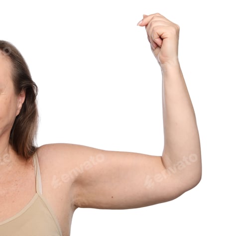 Preview: Woman with flabby arm on white background, closeup