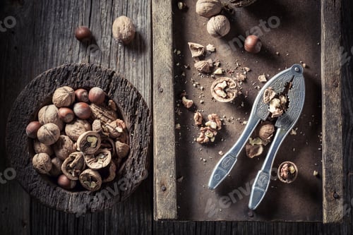 Preview: Fresh walnuts and hazelnuts with with old nutcracker