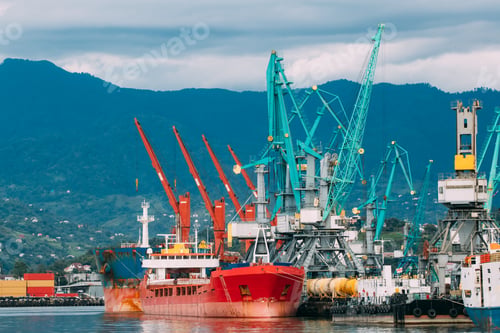 Preview: Old Barge Freight Ship Tanker And Heavy Loading Cranes Jib In Po
