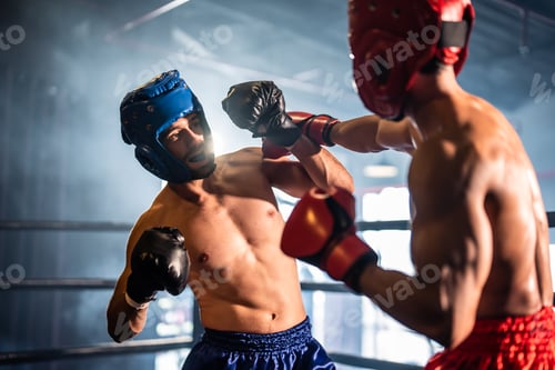 Preview: Two young professional boxer having a competition tournament on stage.