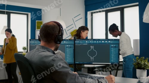 Preview: Focused engineer putting on headphones working with technical cad program
