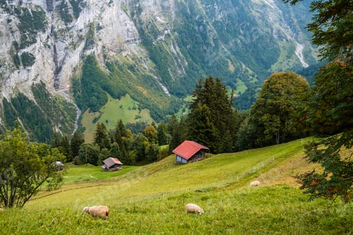 Preview: Stunning mountain landscape of Lauterbrunnen valley, Switzerland.