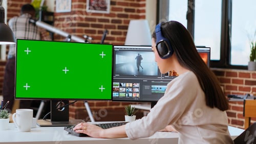 Preview: Professional asian woman working on a media project next to green screen