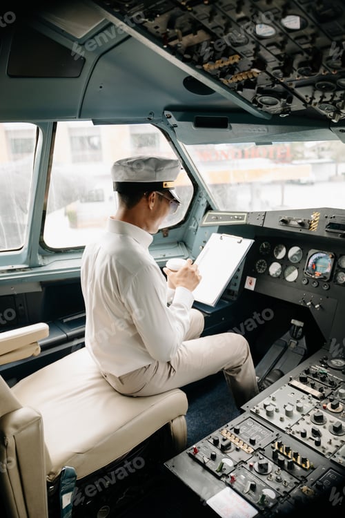 Preview: Asian Confident male pilot in uniform leaning at the passenger seat while standing inside