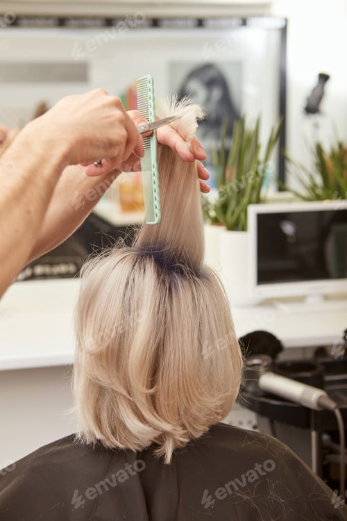 Preview: Hairdresser cutting woman blonde hair in beauty salon