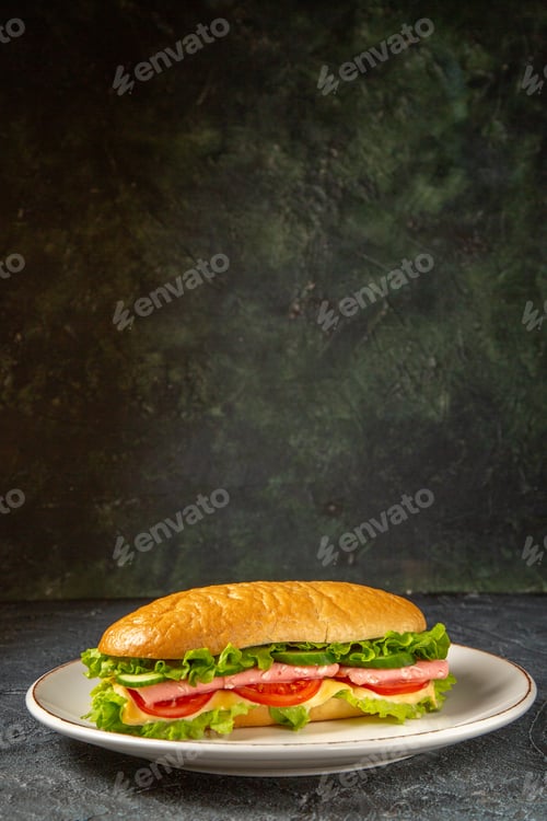 Preview: Tasty homemade sandwich on a white plate on dark distressed background with free space in vertical