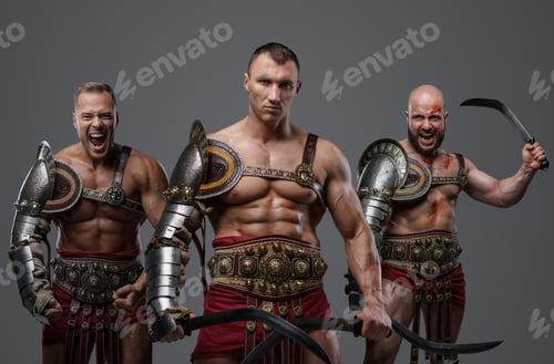 Preview: Ancient mad gladiators with armor against grey background