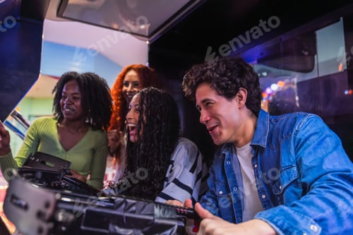 Preview: Friends playing arcade game in bowling alley having fun