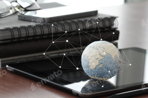 Preview: Hand Drawn Texture Globe With Blank Social Media Diagram On Digital Tablet Computer As Internet