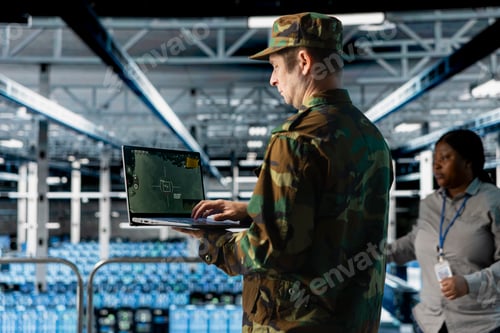 Preview: Data center army officer in uniform tracking missiles
