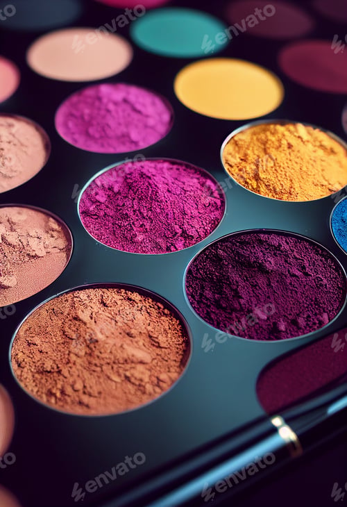 Preview: Concept image makeup and vibrant makeup colors and a cosmetics brush with copy space, banner for des