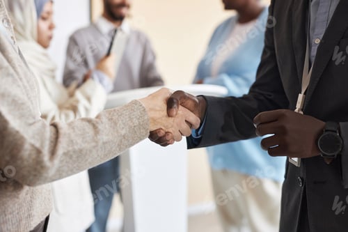 Preview: Two intercultural delegates or participants of conference shaking hands