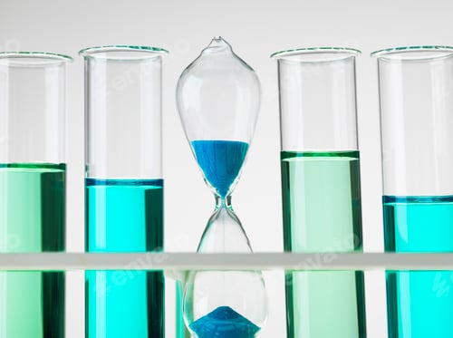 Preview: Hour glass sitting in a test tube rack to illustrate time factor to bring research ideas to market