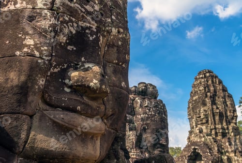 Preview: Closeup the Stone face of Ancient Bayon Temple at Angkor Thom. Siem Reap, Cambodia