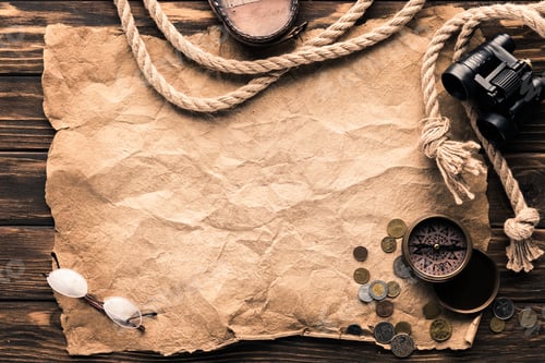 Preview: top view of blank crumpled paper with compass, binoculars and rope on rustic wooden surface