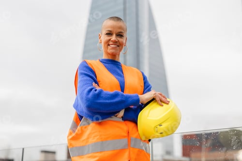 Preview: Smiling female architect holding hardhat with skyscraper behind