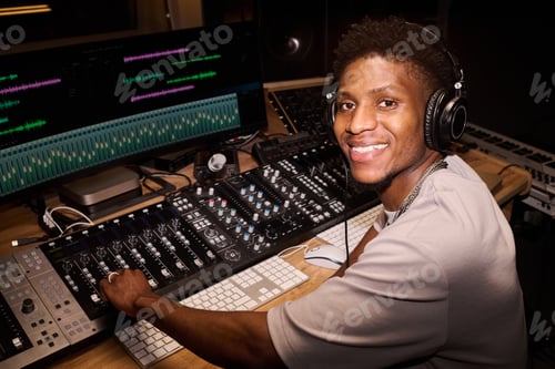 Preview: Portrait of Young Adult Black Man Mixing Music in Professional Recording Studio
