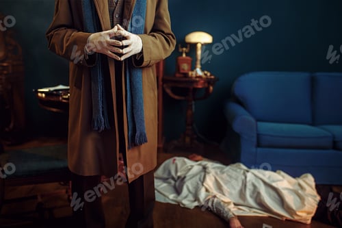 Preview: Male detective in gloves, victim under the cape