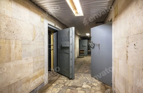 Vista previa: Pasillo con puertas blindadas abiertas en una entidad financiera abandonada