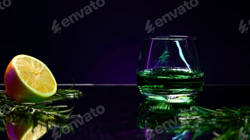 Preview: Close up of green alcoholic cocktail standing on a bar counter with orange and rosemary on a purple