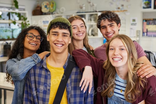 Preview: Portrait of happy smiling multiethnic classmates at high school