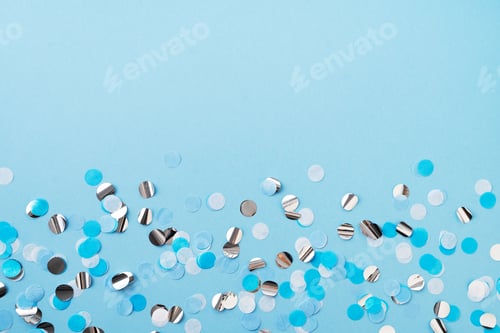 Preview: Boy, baby birthday, celebration concept with blue confetti