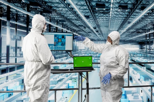 Preview: Green screen laptop, improving machinery and engineers in microchip factory