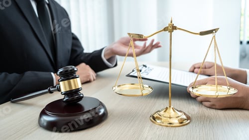 Preview: Male lawyer or notary working consulting and discussion to businesswoman client in the office
