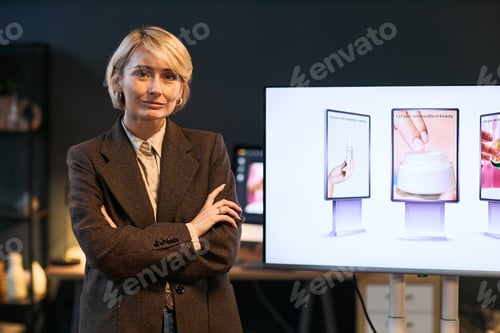 Preview: Portrait of Middle Aged Caucasian Woman Standing near Digital Presentation Screen