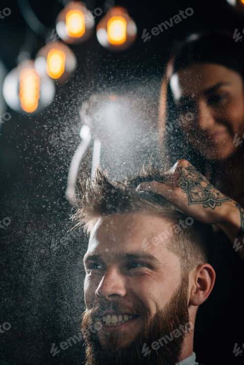 Preview: Man Getting Hair Styled by Stylist in Salon