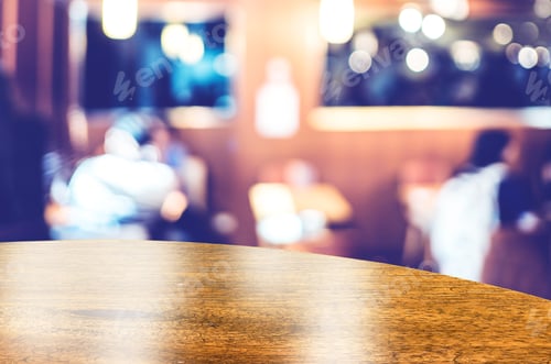 Preview: Empty round table top at coffee shop blurred background with bokeh light