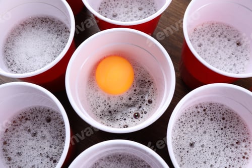 Preview: Plastic cups and ball for beer pong on wooden table, flat lay