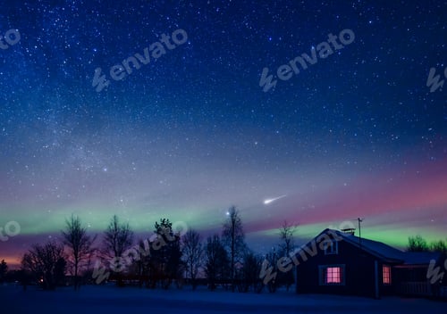 Preview: Cottage against the night sky with the Milky Way and the arctic Northern lights Aurora Borealis