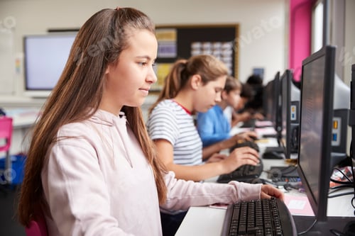 Preview: Line Of High School Students Working at Screens In Computer Class