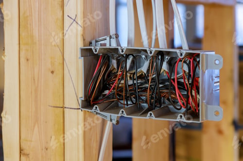 Preview: Interior view of a electrical box with wiring in a wooden beams new home under construction