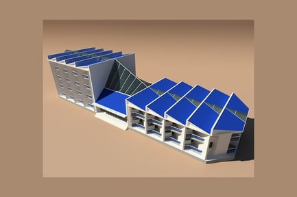 Preview: Low-angle view of multi-level building with balconies and windows