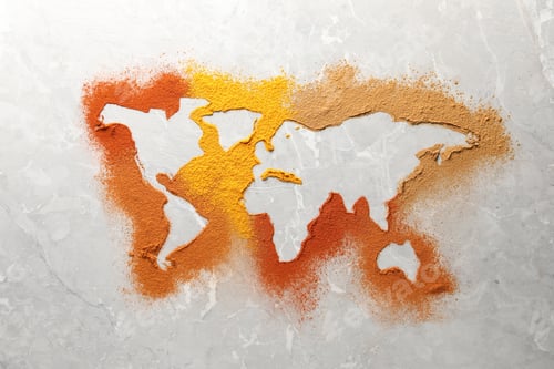 Preview: World map of different spices on light grey marble table, flat lay