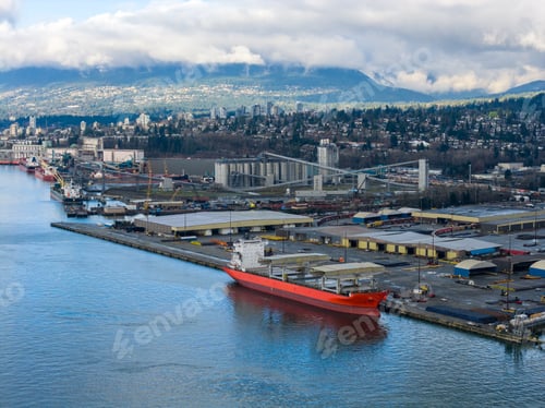 Preview: Busy Port With Red Cargo Ship Docked At Burnaby Harbour Near Vancouver, Canada