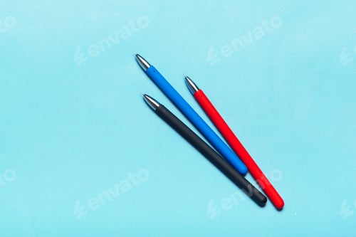 Preview: pencil on a blue table top view, office desktop, office supplies