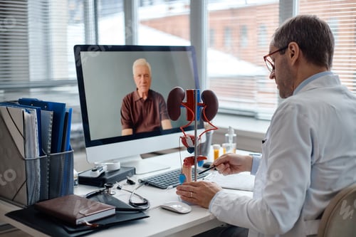 Preview: Middle Aged Caucasian Urologist Consulting Senior Caucasian Man Online