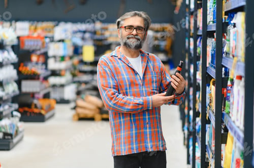 Preview: Portrait of focused man buying household chemicals in supermarket, reading labels on bottles