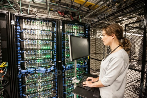 Preview: Caucasian woman technician doing diagnostic tests on computer servers in a server farm.