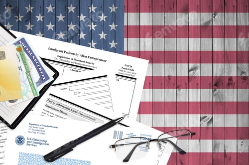 Preview: USCIS form I-586 Immigrant petition by Alien Entrepreneur lies on flat lay office table and ready to